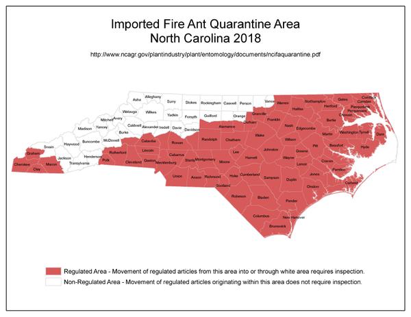 Map showing RIFA Quarantine Area in NC 2018.